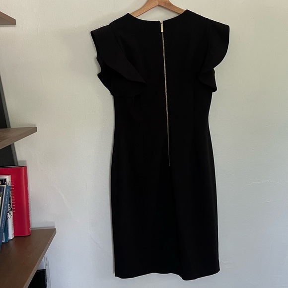 Calvin Klein Ruffle Shoulder Black Sheath Dress | Size 10 - Picture 5 of 12